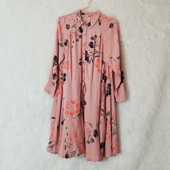 Free People Tie Waist Long Sleeve Shirt Dress - Picture 1 of 8